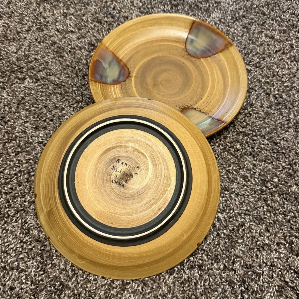 Set of 2 - Sango Splash Salad Plates #4951 Stoneware 8 1/4" Drip Glaze Brown